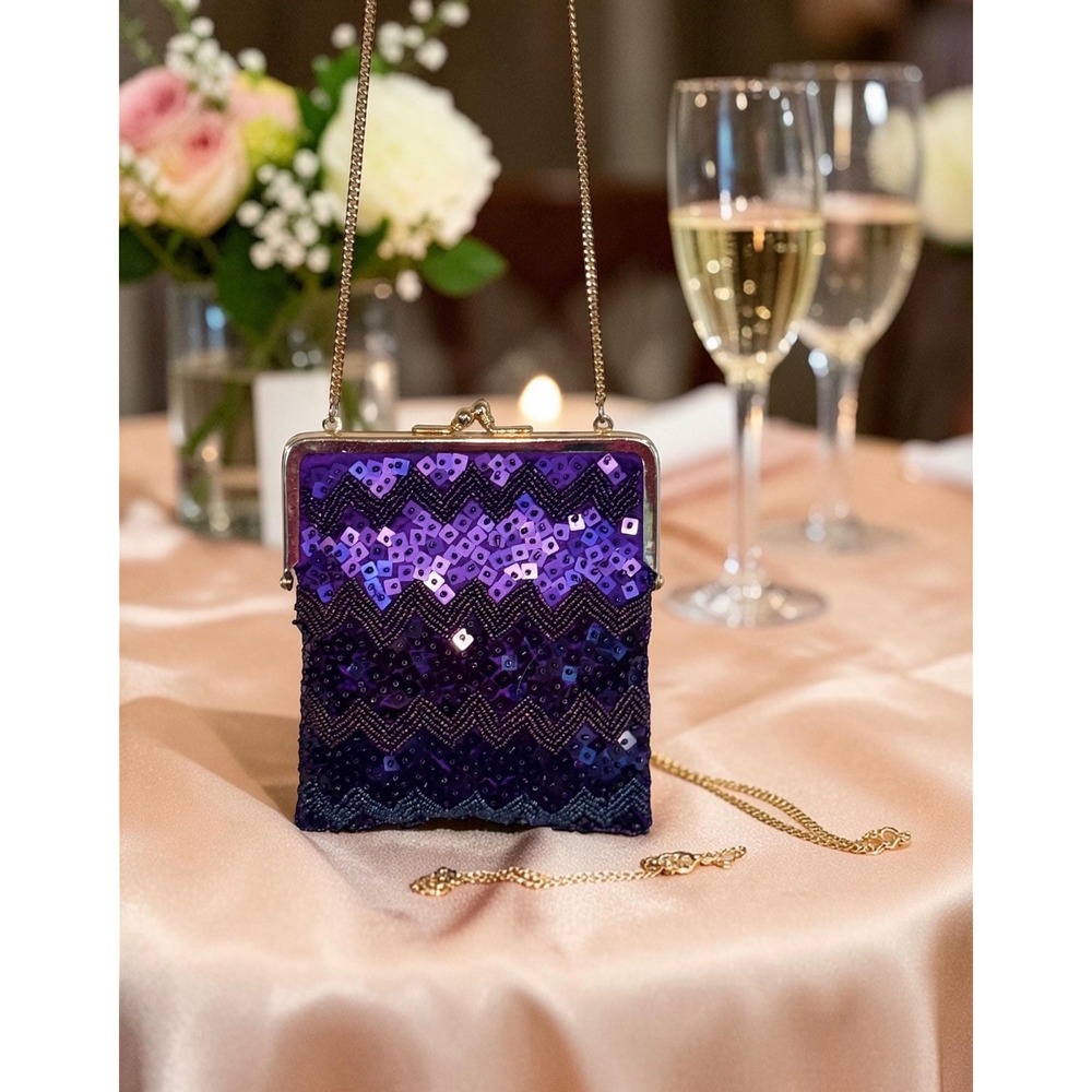 Vintage Beaded Sequin Crossbody Bag Women Small Purple Chevron Evening Clutch